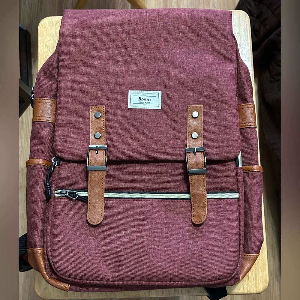 Ronyes Laptop Backpack Unisex Bag with USB Charging Port Maroon Brown Waterproof